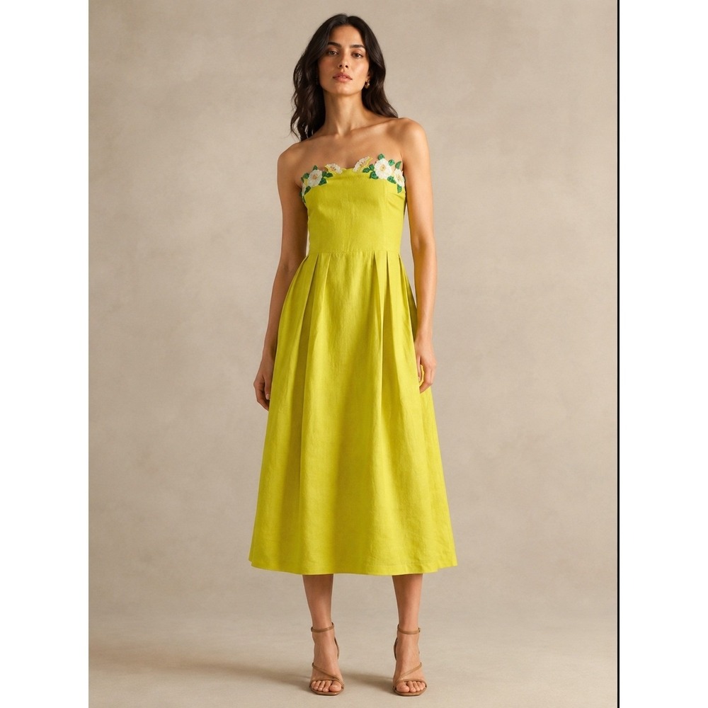 Fanm Mon Lorr Citron Linen Embroidered Floral Midi Dress Size Large